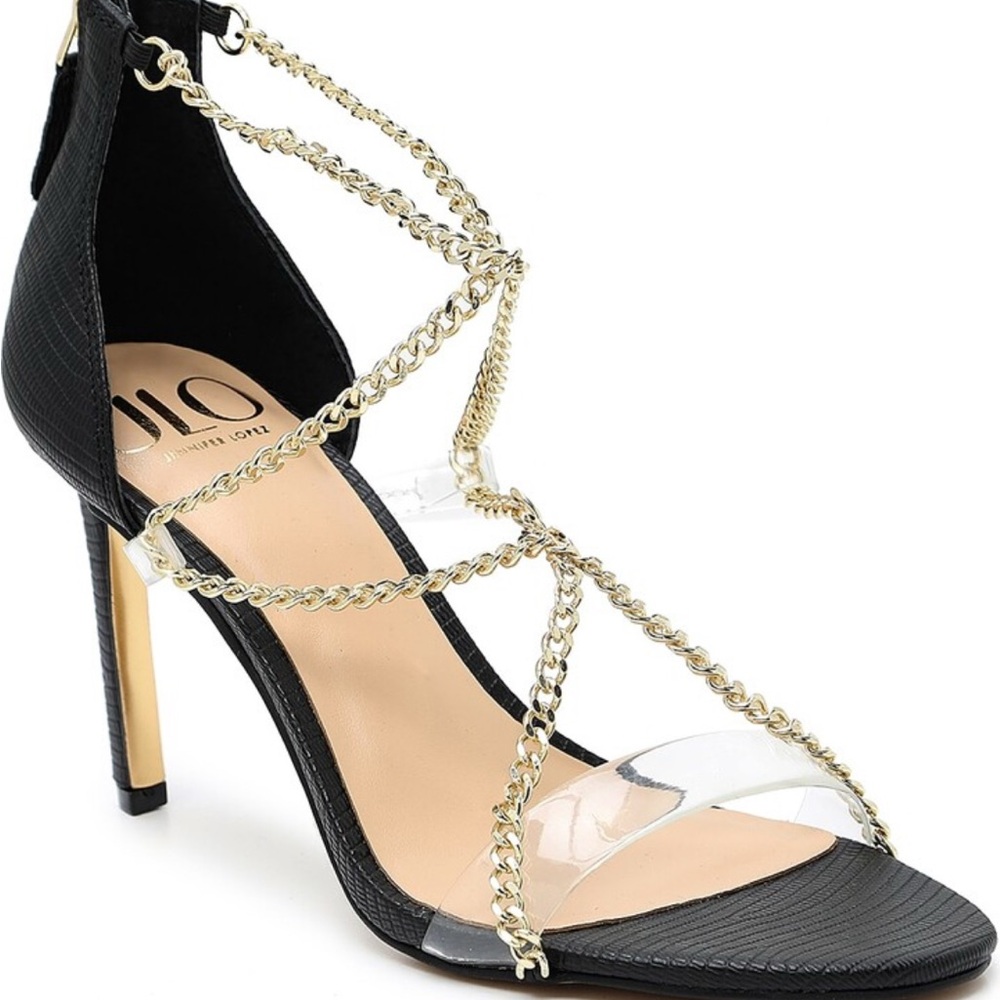Jennifer Lopez Black and Gold Chain Heels